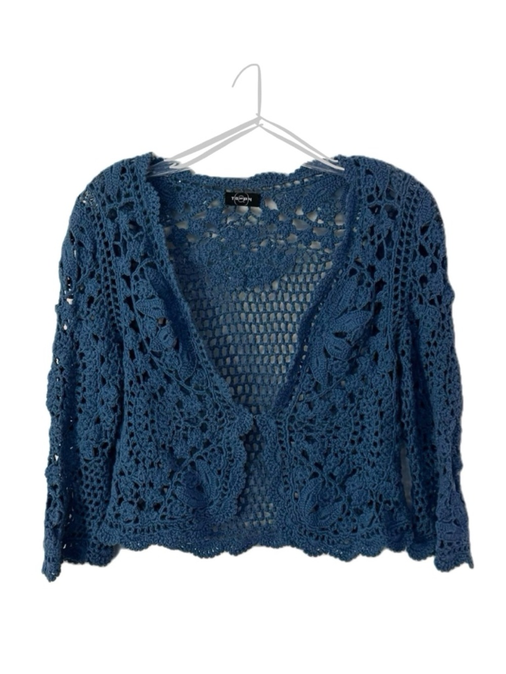 Y2K Boho Cotton Crochet Cropped Cardigan with 3/4 Sleeves